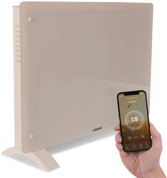 VONROC Chauffage électrique de luxe - Convecteur avec panneau en verre - 750W/1500W - Chauffe les pièces jusqu'à 18m2 - Contrôlé par l'application (via Wifi) et manuellement - Thermostat et minuterie réglables - Beige