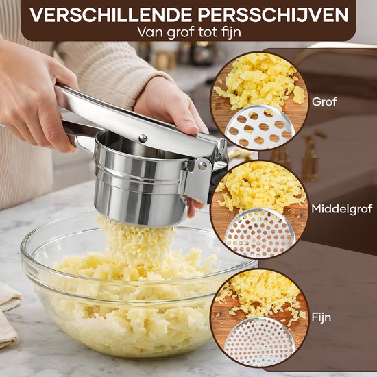 Presse-pommes de terre Qualisce - Presse-purée - Pilon à purée - Presse-pommes de terre à 3 disques - Écrase-purée - Avec éplucheur multifonction