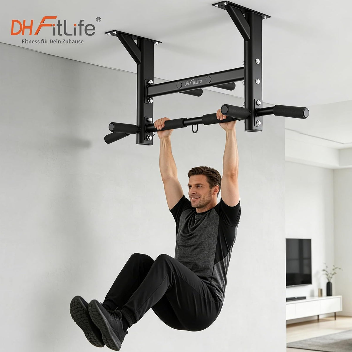 Barre de traction de plafond DH FitLife 4-en-1 - 8 prises - Jusqu'à 300 kg - 44,5 x 25,5 cm - Noir