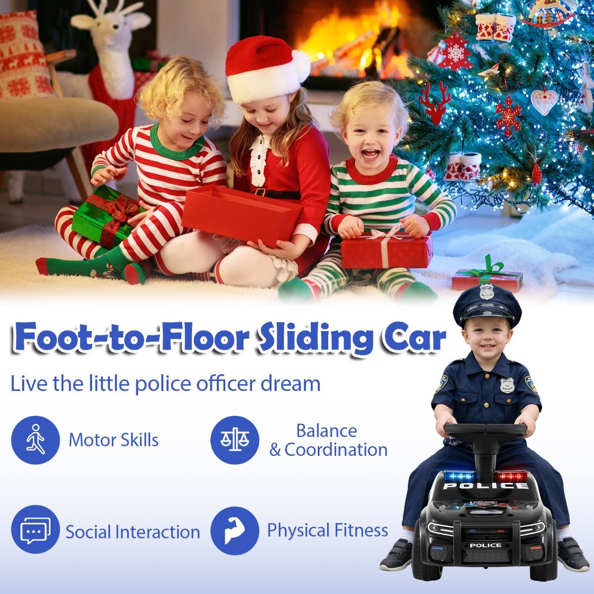 Voiture de police électrique Coast pour enfants - Gyrophares et musique - Espace de rangement sous le siège - Noir