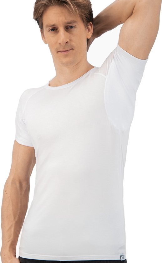 Tshirt Anti transpiration - Fibershirts® - Coussinets d'aisselles cousus - Maillot de corps - Blanc - Col rond - Hommes - Taille L