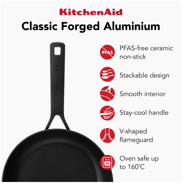 Lot de 3 poêles KitchenAid Classic Forged de 20, 24 et 28 cm – Noir – Aluminium anodisé