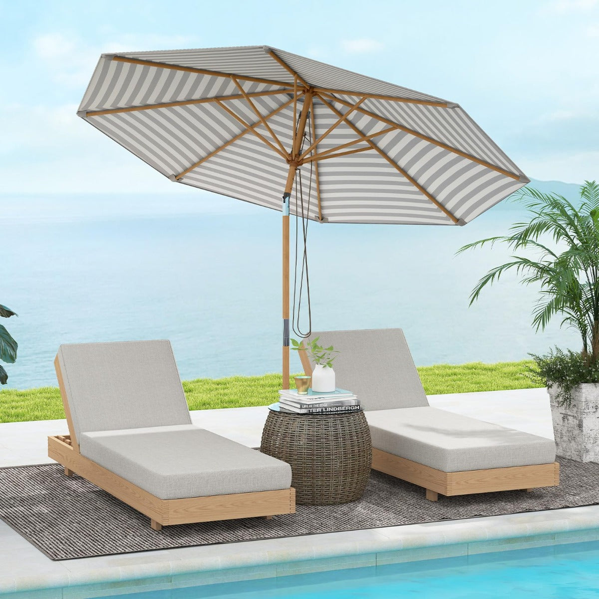 Parasol en bois Coast 270 cm - rayures bleues et blanches