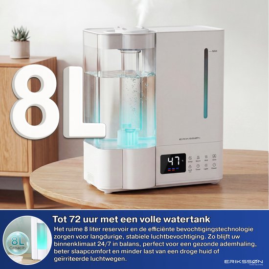 Humidificateur Erikssøn Elite - 8 litres - Convient pour le salon, le bureau, la chambre à coucher, la chambre de bébé - Humidificateur - Avec fonction d'aromathérapie - Blanc