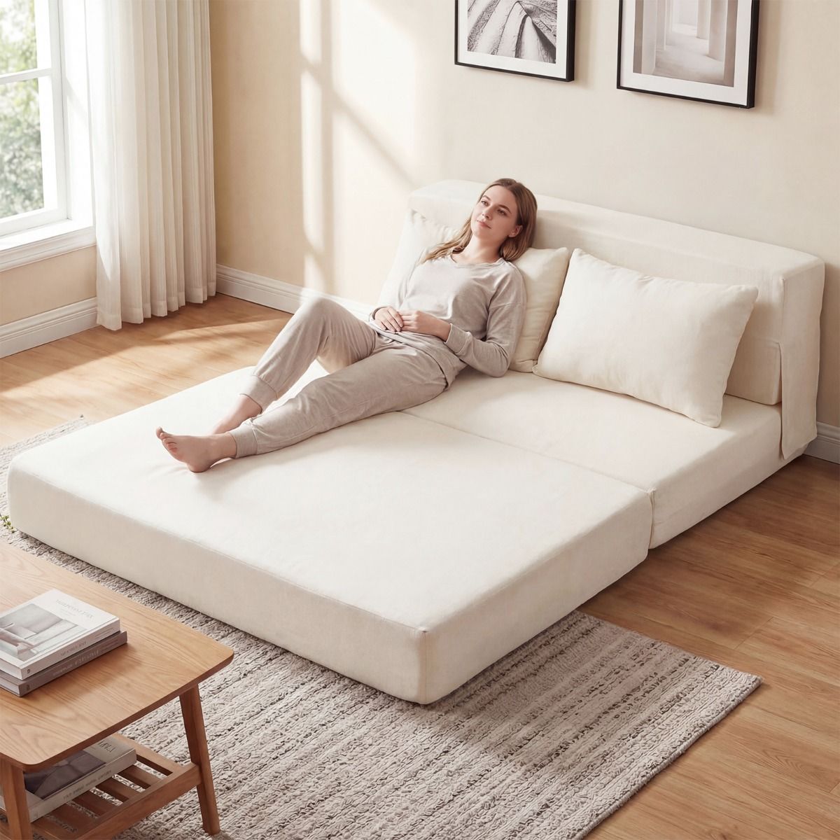 Canapé-lit Coast 3-en-1 - chaise longue pliable - revêtement en chenille - beige/gris
