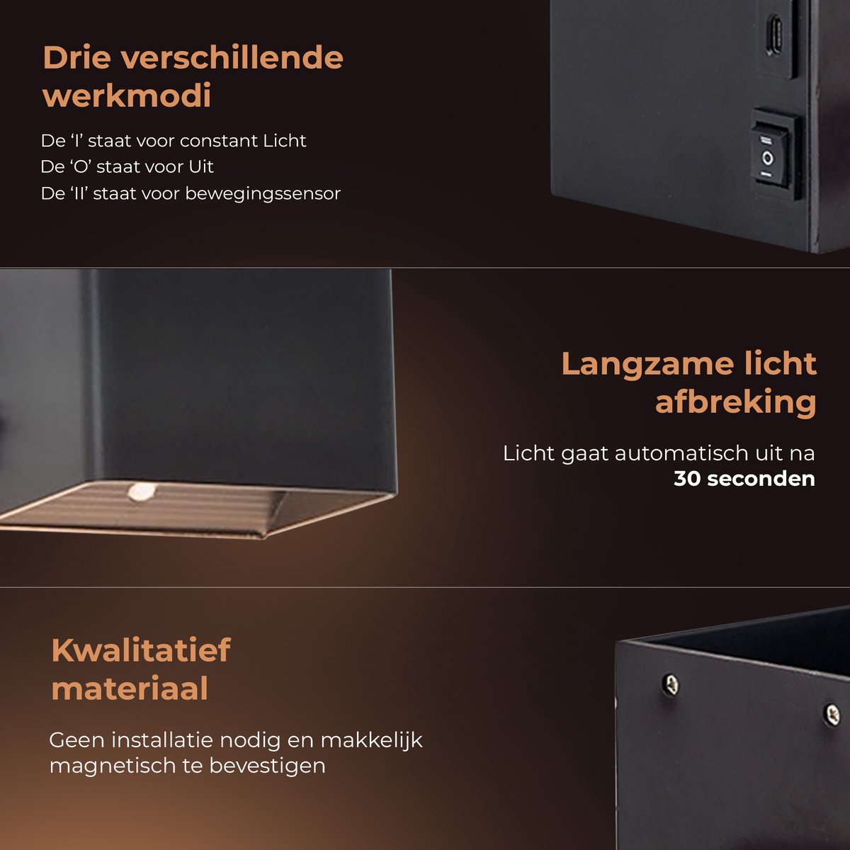 Techvavo® Applique murale rechargeable noire - 1 pièce - 19x4x1.8 cm - Détecteur de mouvement intelligent - Pour l'intérieur - Rechargeable par USB - Sans fil - Salon, salle de bain, chambre à coucher