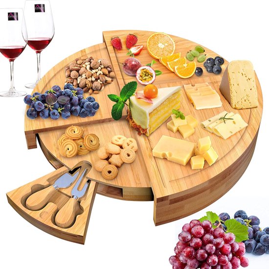 Plateau à tapas Villux - Plateau apéritif - Plateau de service - Plateau à fromage - Plateau à amuse-bouches - Couteaux à fromage inclus - Plateau à tapas en bambou - Plateau apéritif rond - E-book inclus - ø 38 cm