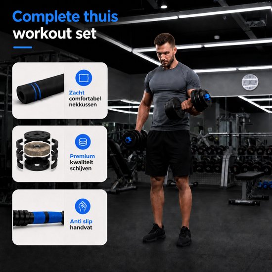 Sportfloww Dumbbells 28,5 kg – Ensemble d'haltères – Ensemble de poids comprenant un kettlebell, une barre d'haltères, une barre EZ et un rouleau abdominal – Haltères réglables