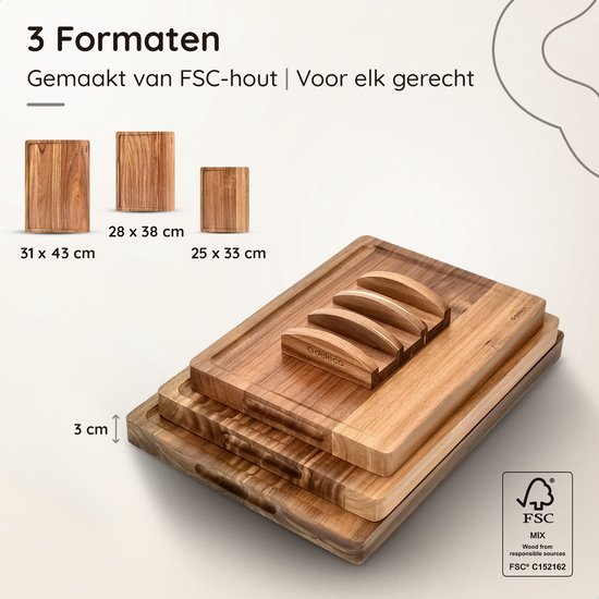 Deleca 3x Set de planches à découper Culina - Epaisseur 3 cm - Planches à découper (33x25 / 38x28 / 43x30 cm) - Avec support - Pour la cuisine, planche à servir, planche à fromage, planche à boire, planche à découper et planche à tapas - Bois d'acacia