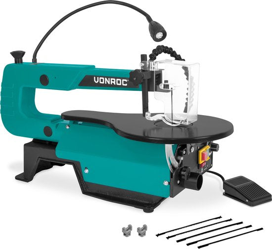 VONROC Scie circulaire 120W - avec pédale - Lampe de travail LED - Souffleur de poussière flexible - 6 lames de scie incluses