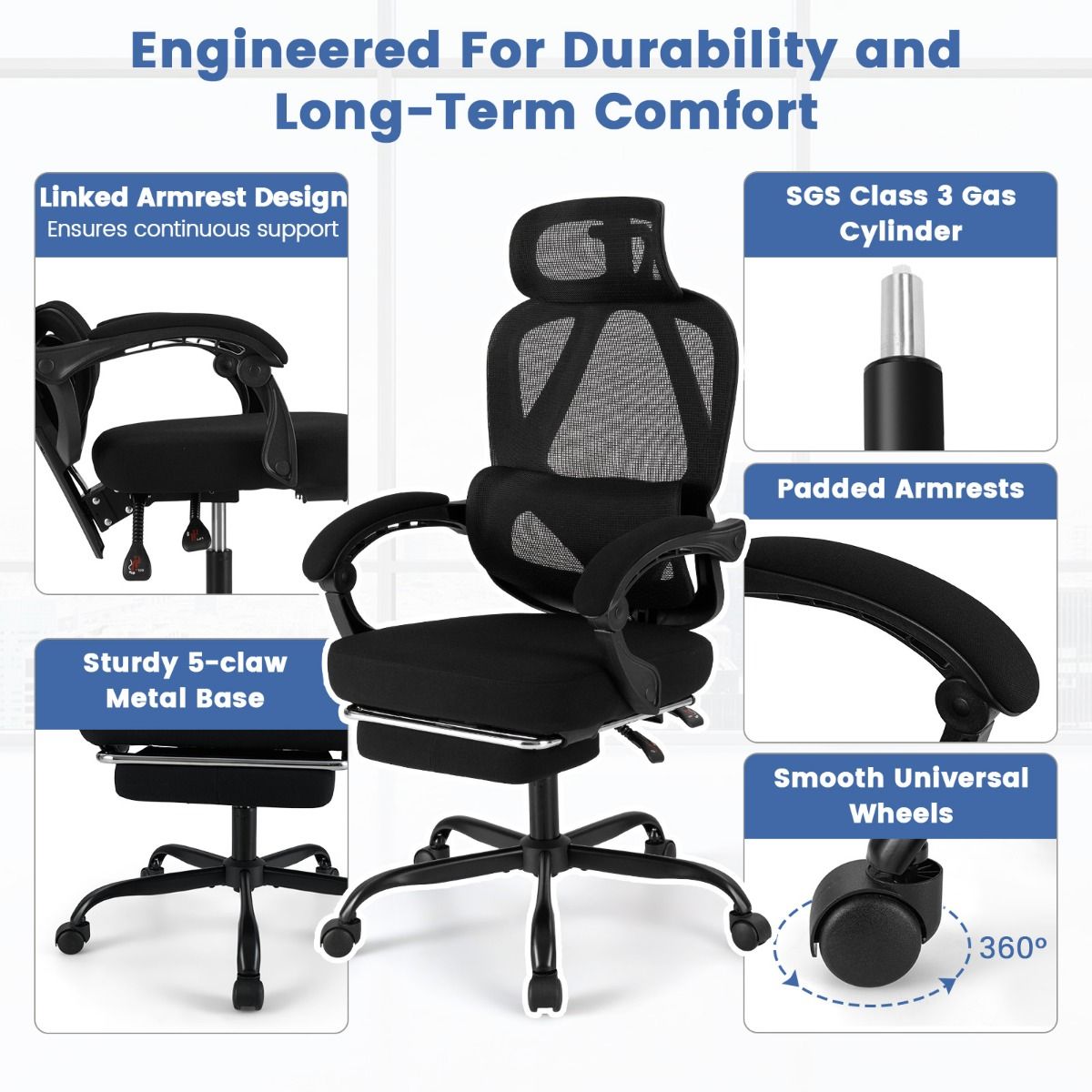 Chaise de bureau ergonomique Coast - dossier et appui-tête réglables - repose-pieds rétractable - noir