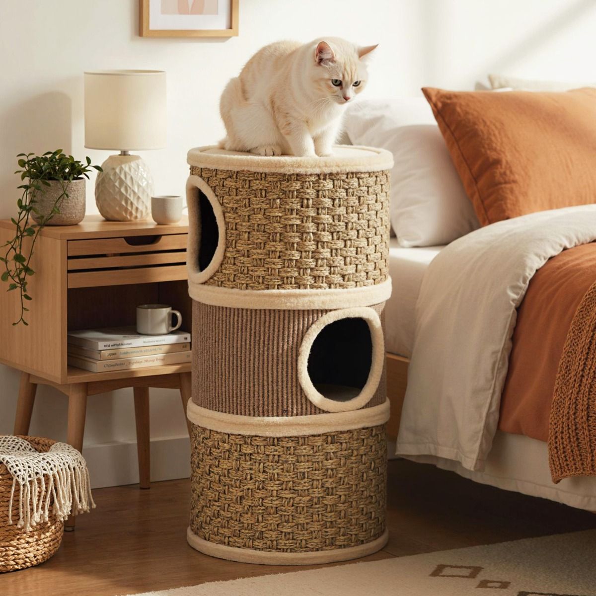 Tour pour chats Coast à 3 étages - poteau à griffer en sisal - coins de repos douillets - kaki et marron - 36 x 36 x 70 cm