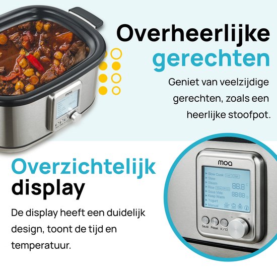 MOA Multicooker - Mijoteuse - 8 fonctions de cuisson - 6 litres - 1250W - Cuiseur de riz - Cuiseur vapeur - Cuiseur sous vide - Yaourtière - acier inoxydable - MC01S