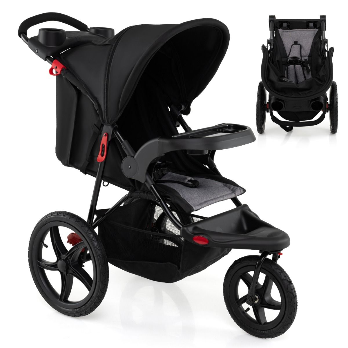 Poussette de jogging Coast - Poussette pliable - Capote réglable - Siège inclinable - Noir