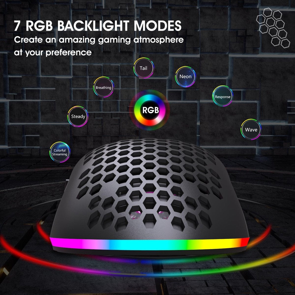 HXSJ T66 Souris de jeu sans fil 2.4G - Ultra légère - Eclairage RGB - Noir