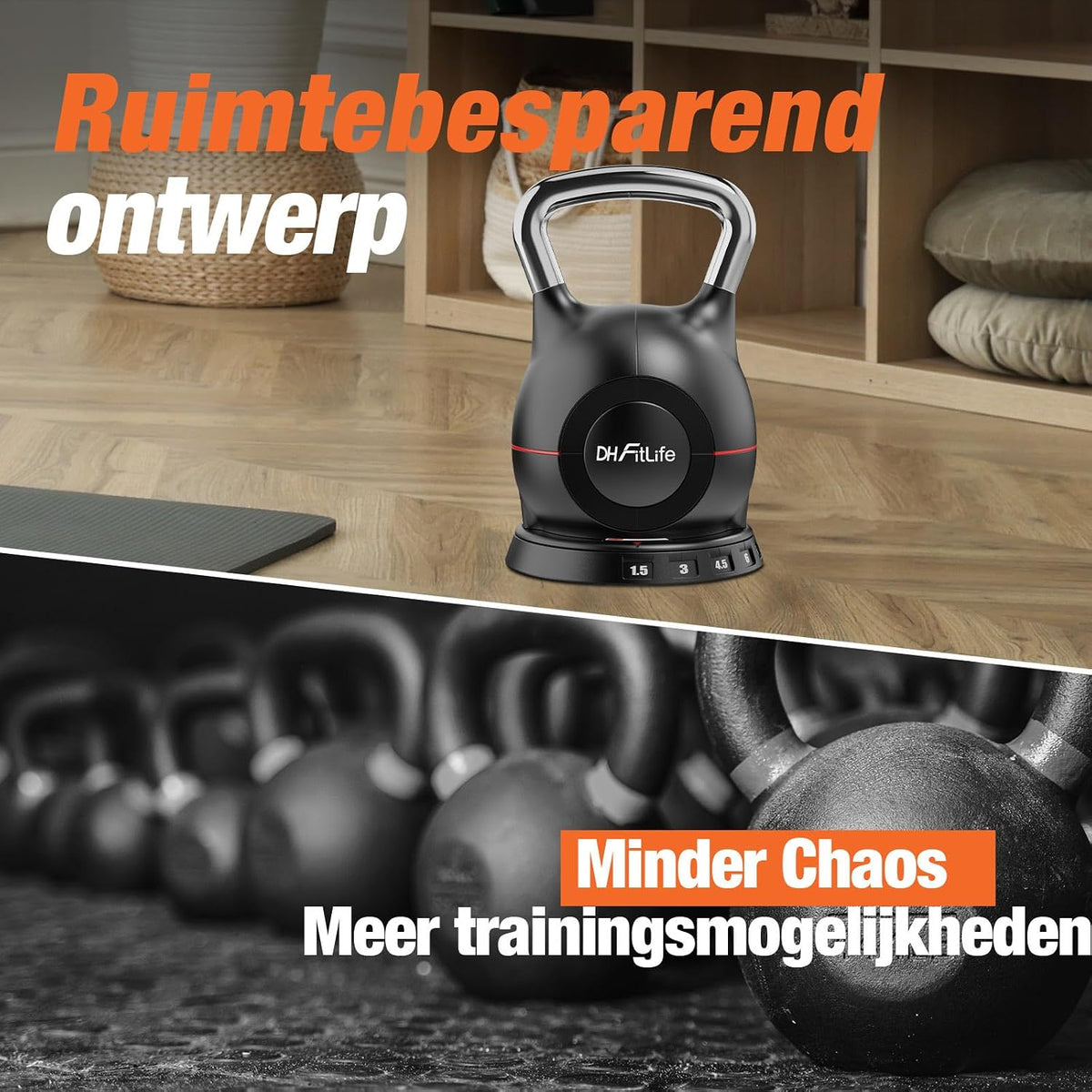 Kettlebell réglable DH FitLife 7-en-1 - 1,5 à 10 kg - 7 niveaux de poids - 20 x 20 x 30 cm - Noir