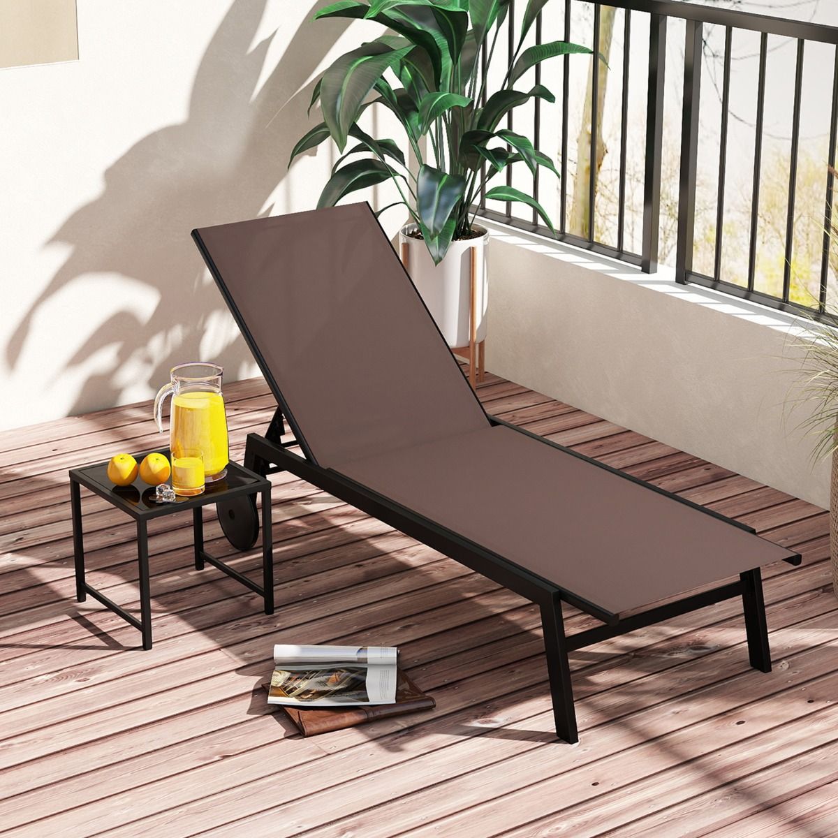 Chaise longue de jardin Coast avec table d'appoint - dossier réglable sur 6 positions - roulettes - marron
