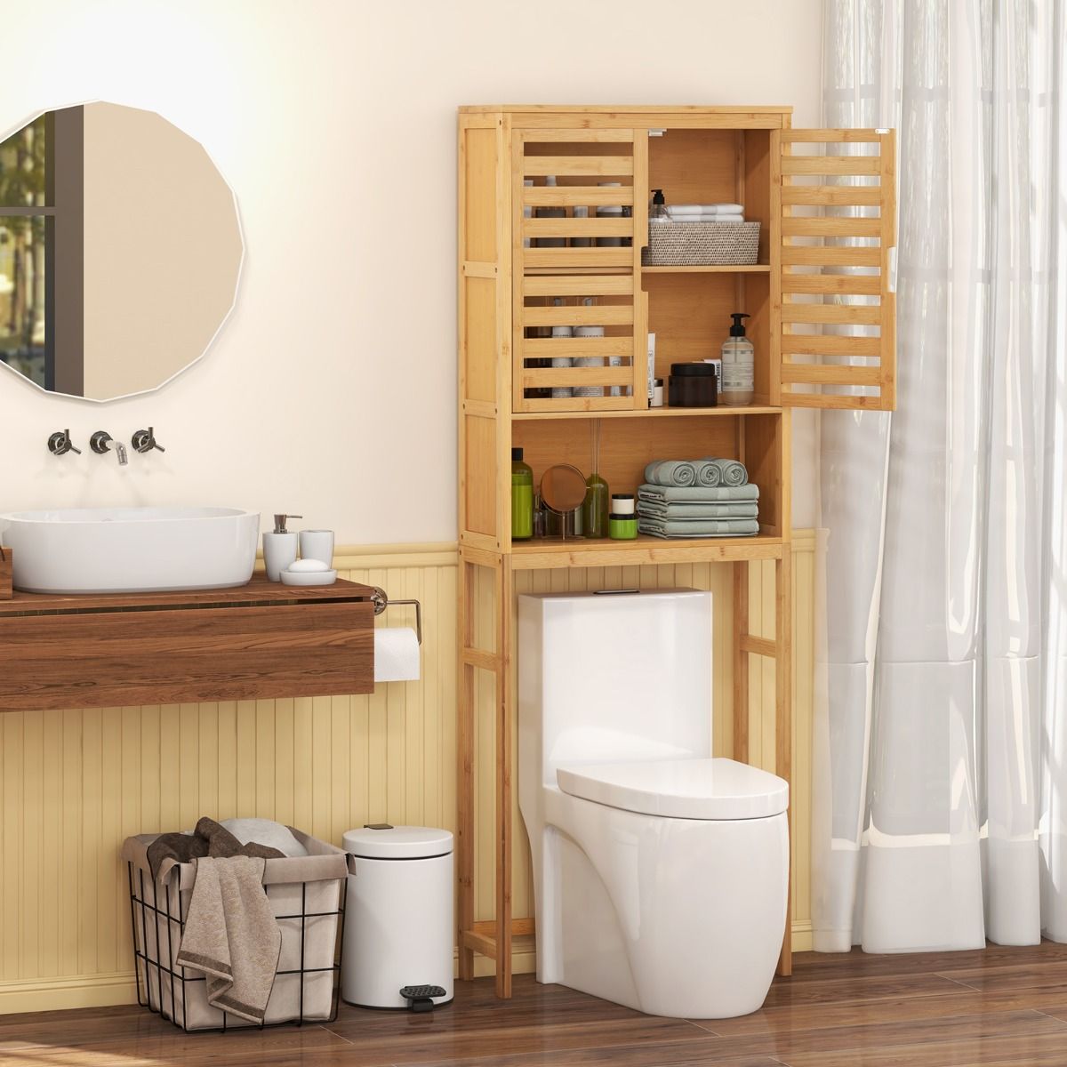 Coast Meuble de salle de bains à placer au-dessus des toilettes - meuble de rangement haut en bambou à 2 portes - peu encombrant - naturel - 62 x 23 x 170 cm