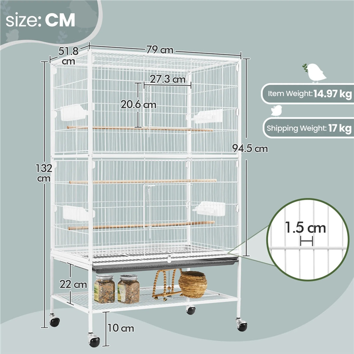 Yaheetech XXL Bird Cage With 360° Swivel Wheels - Fitted With Lower Storage Shelf And Three Perches And Secure Lock - For Parrots And Cockatoos - White Metal - 79 x 52 x 132 cm