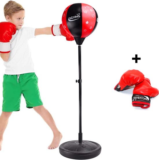 Ballon de boxe sur pied pour enfants Zoluko - Gants de boxe et pompe gonflable inclus - Hauteur réglable - Pour l'intérieur et l'extérieur - noir/rouge