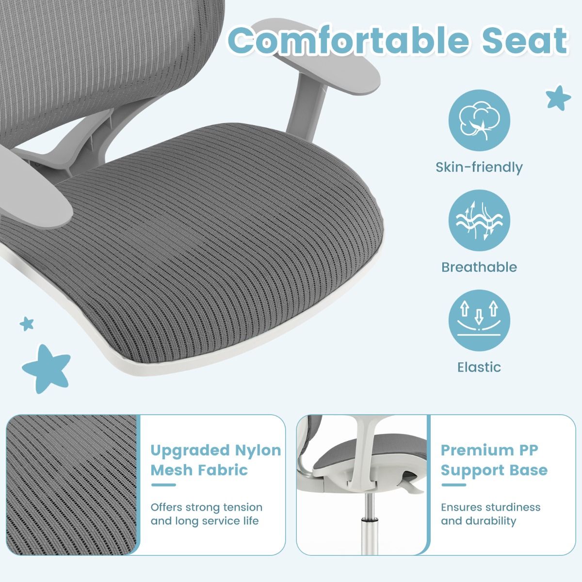 Chaise de bureau pour enfant Coast - réglable en hauteur - conception ergonomique - grise