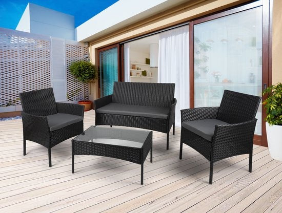 Lifetime Garden Garden Set - Berlin Lounge Set - 4 Pieces - Garden Chairs, Loveseat and Table - Rattan - Black - Garden, Balcony and Terrace
