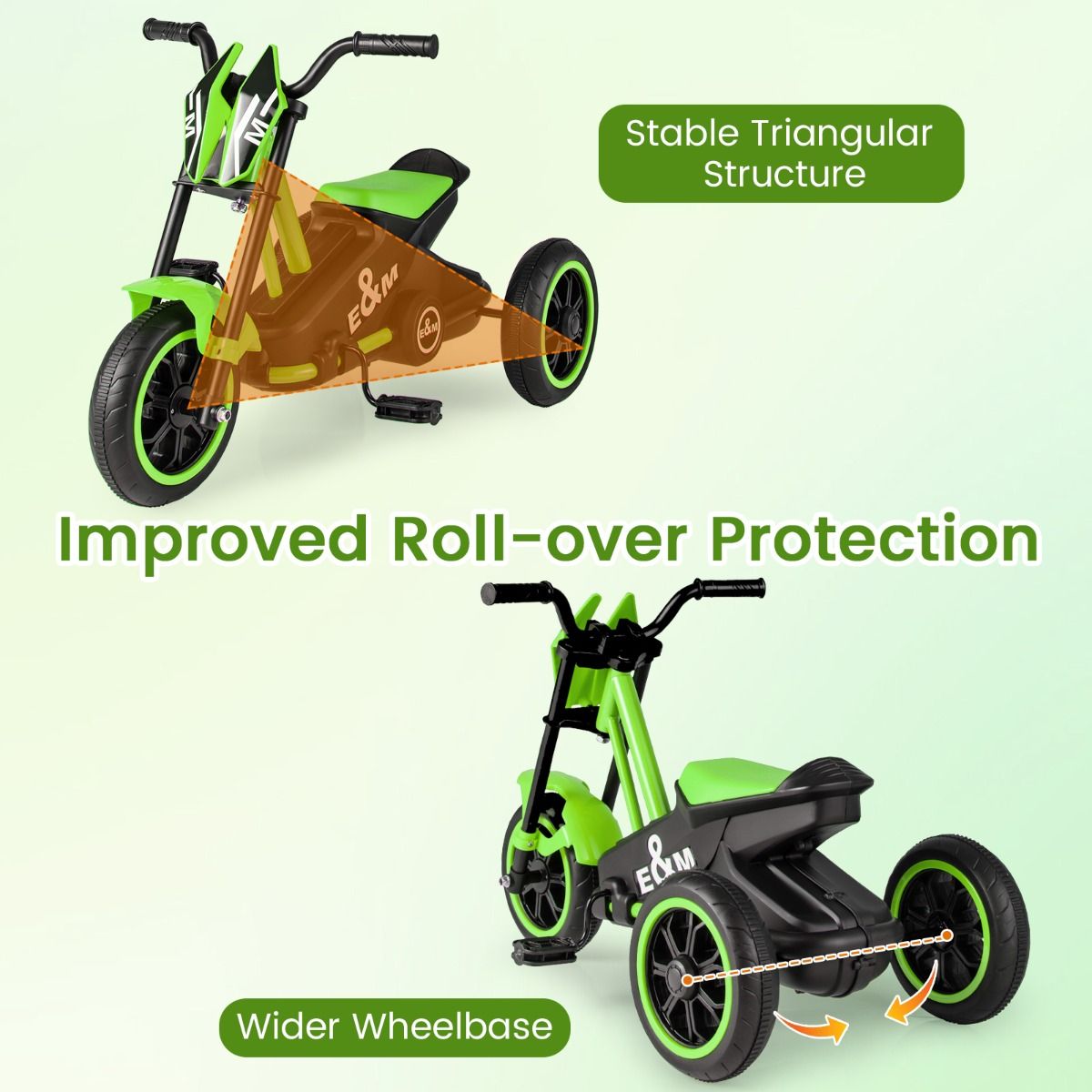Tricycle pour enfants Coast - cadre triangulaire stable - limiteur de braquage - vert
