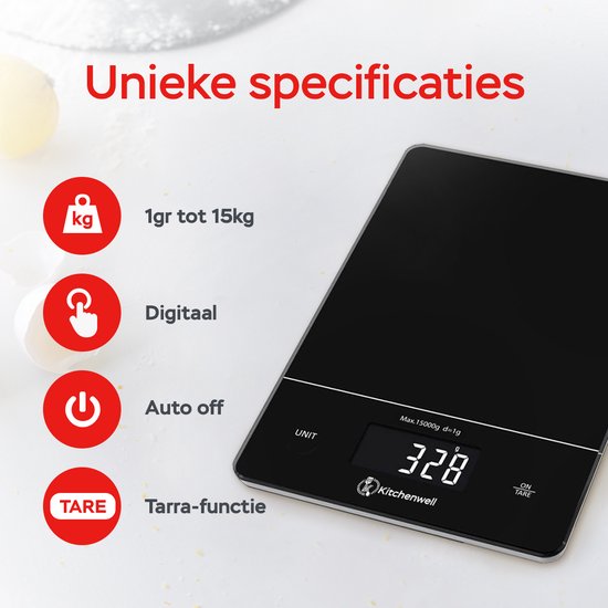 Kitchenwell Balance de cuisine numérique de précision - Balance de cuisine - 1gr - 15kg - Fonction tare - Rechargeable par USB - Noir