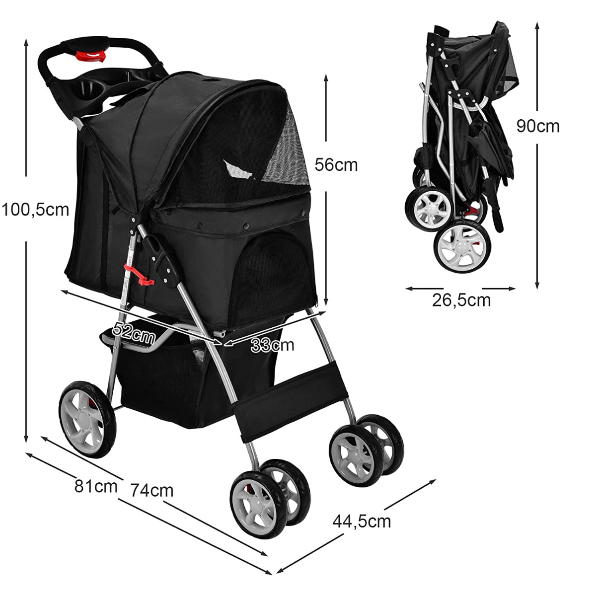Coast Dog car pet buggy jusqu'à 15 kg 81 x 45 x 101 cm noir