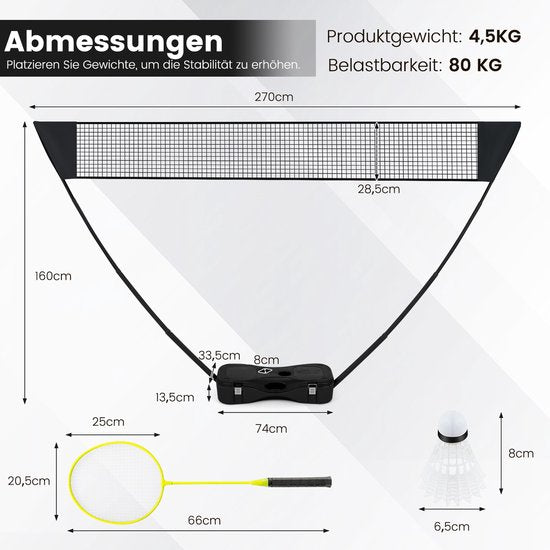 COSTWAY Support de filet de badminton, jeu de navette portable avec raquettes, 2 navettes, filet et boîte de rangement, set complet de badminton pour badminton/tennis et volley-ball pour l'intérieur et l'extérieur