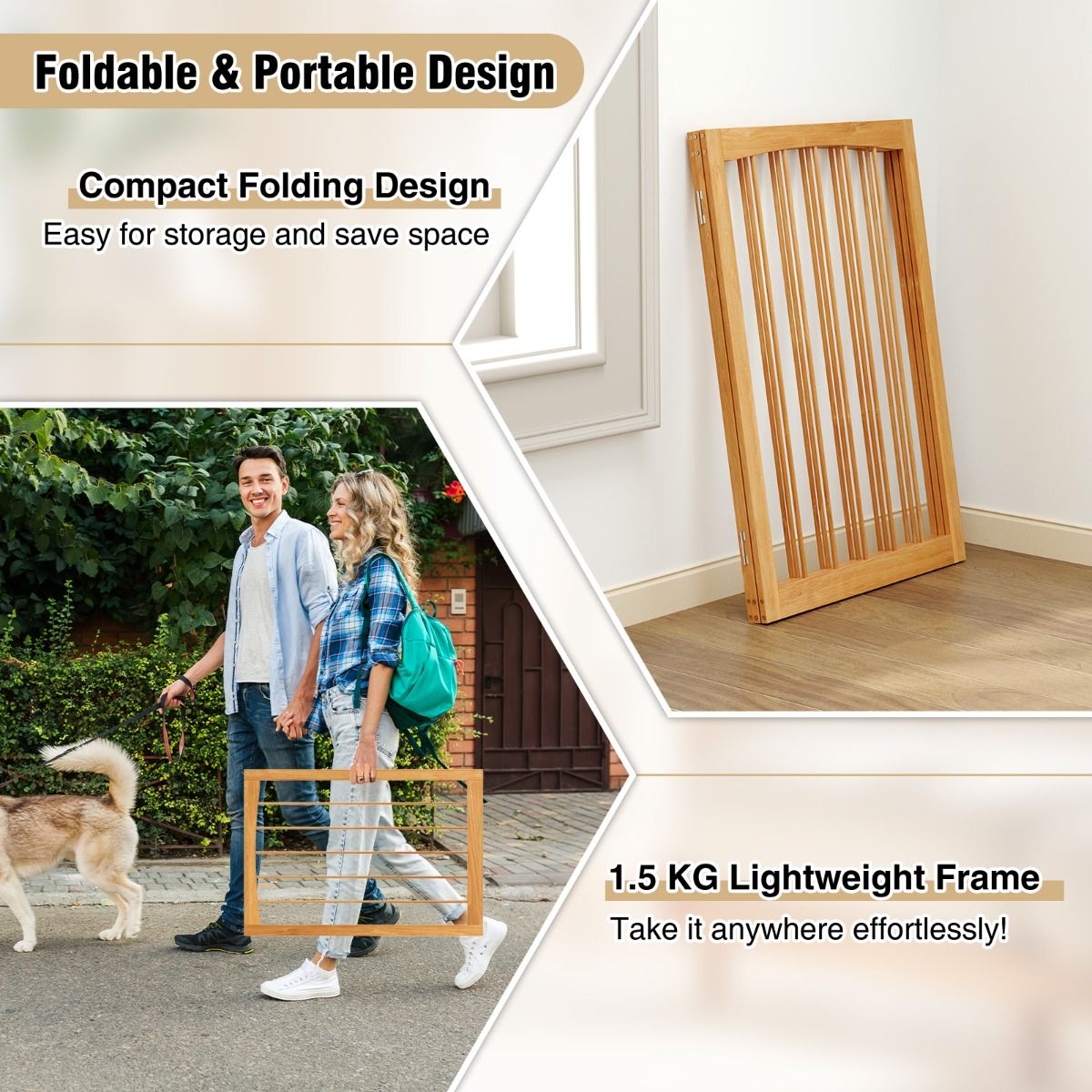 Barrière de sécurité pour chiens Coast - Barrière de protection pliable en 3 parties - bois naturel - 76 cm de haut