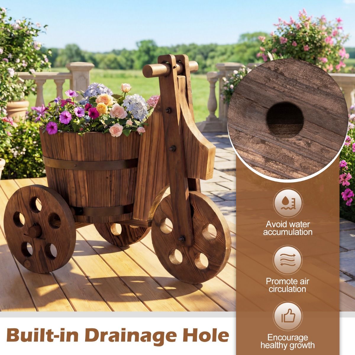 Jardinière Coast en bois à trois pieds - en forme de tonneau - avec trou de drainage - marron 47 x 32 x 43,5 cm