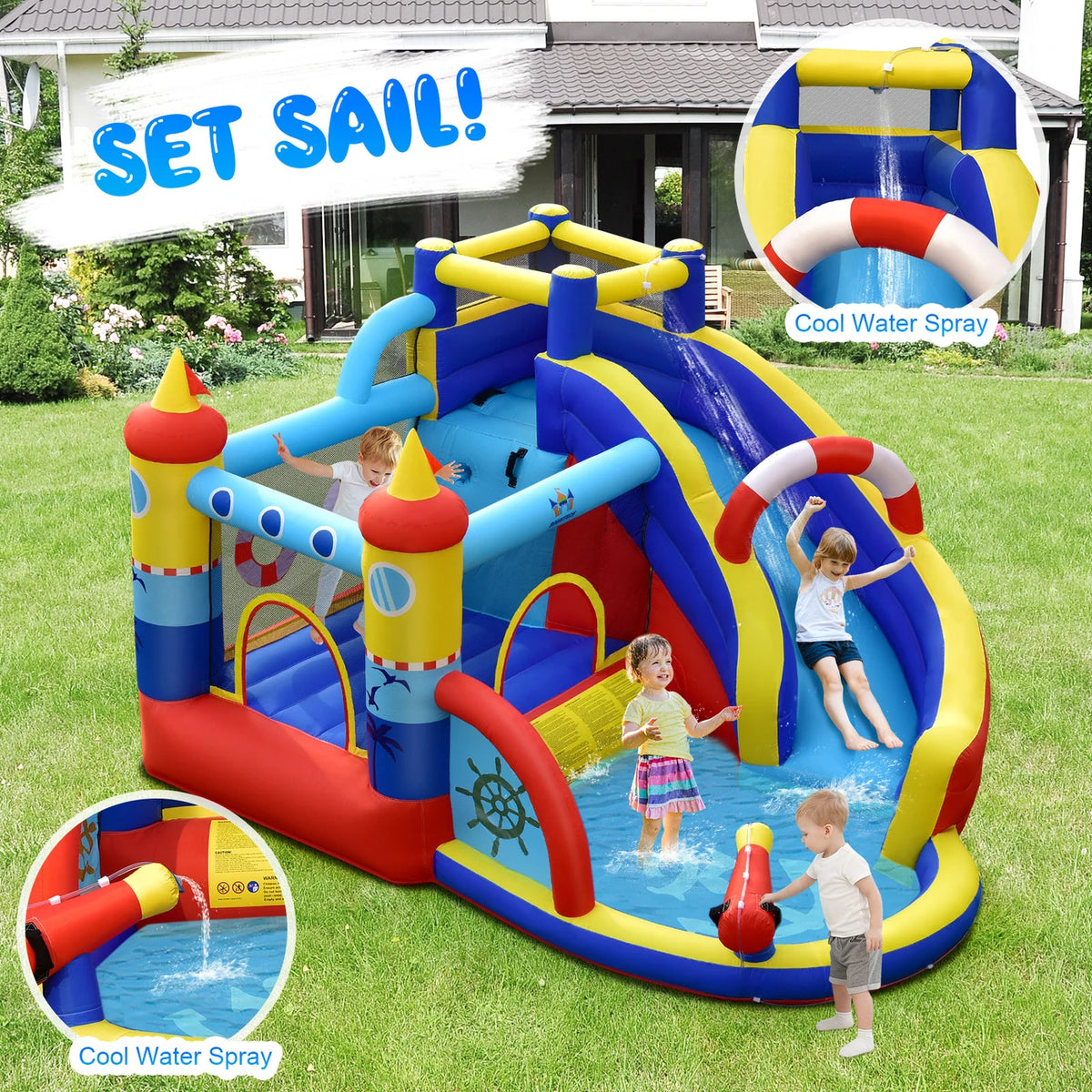 Château gonflable Costway avec soufflerie de 550 W, parc aquatique 6 en 1, comprenant un toboggan, une piscine et un canon à eau