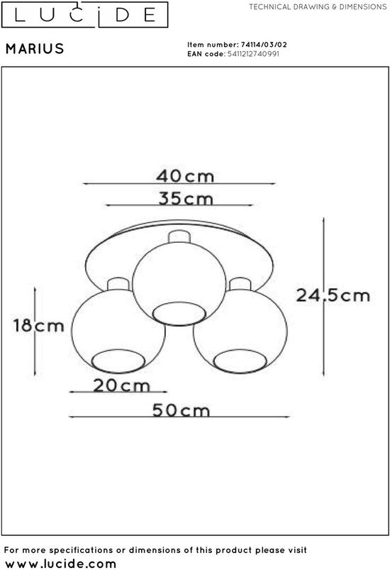 Lucide MARIUS - Plafonnier - 3xE27 - Or mat / Laiton