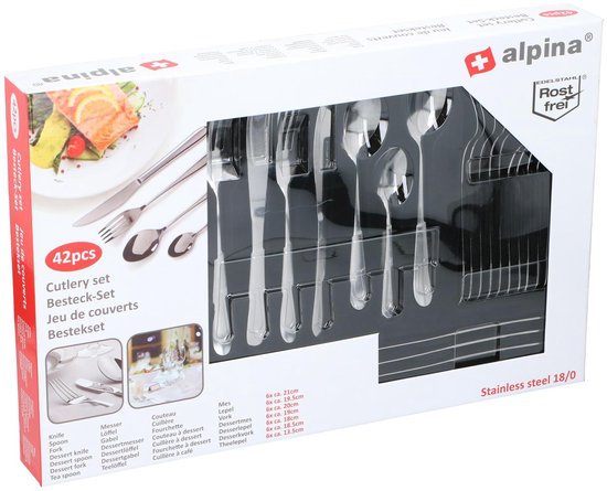 Ensemble de couverts Alpina pour 6 personnes - Ensemble de 42 pièces - Couteaux, cuillères, fourchettes, cuillères à café et fourchettes à dessert en acier inoxydable - Lavables au lave-vaisselle - Argent brillant