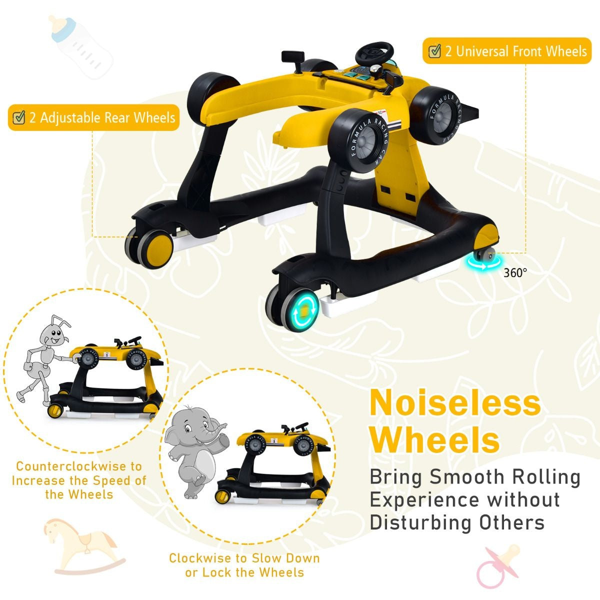 Poussette 4-en-1 avec hauteur et vitesse réglables Chariot pour bébé avec patins antidérapants Poussette pliable Noir/jaune/bleu/gris/blanc/rouge