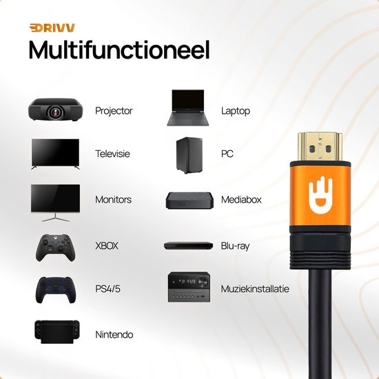 Drivv. Câble HDMI Premium 2.1 - Ultra HD - 8K 60 Hz - 4K 120 Hz - Compatible avec les consoles de jeux - Câbles HDMI - 5 mètres - Orange