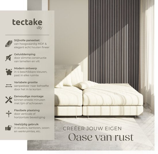 tectake® Acoustic Panels - Lot de 4 - Panneau mural acoustique - 60 x 120 cm - 2,88 m² - Panneaux muraux à taille réglable - Mur à lattes en MDF et placage bois - Isolation acoustique - Décoration murale élégante - Installation facile - Chêne gris clair