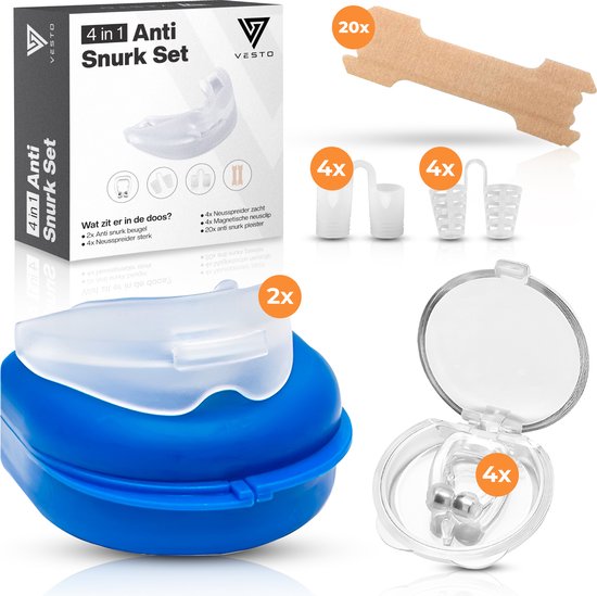 Vesto® Snore Set - 2x Anti Snore Brace - 20x Nose Plaster - 8x Nose Spreader - 4x Magnetic Nose Clip - Complete Set - Anti Snore Brace Pro - Anti Snore remedies