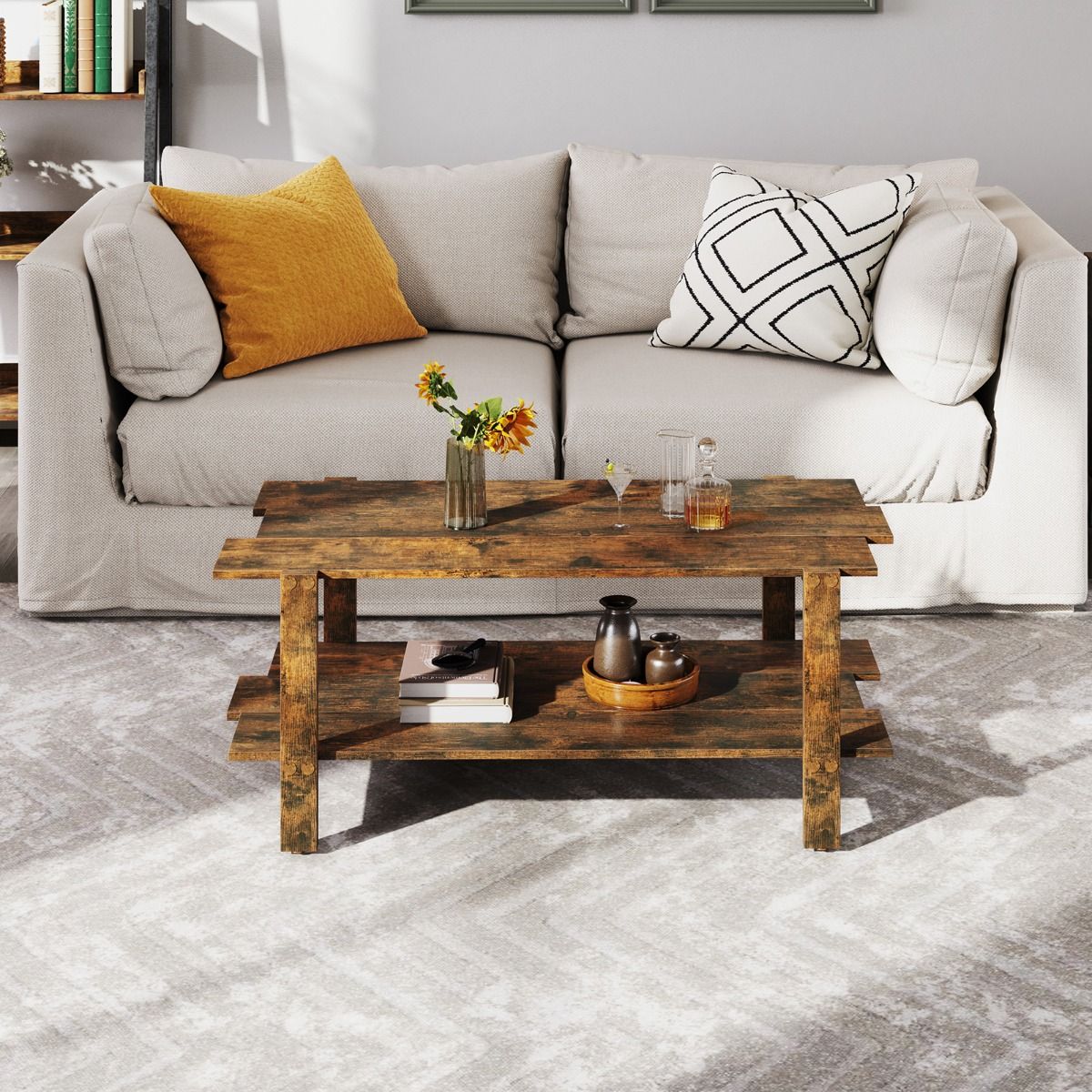 Table basse Coast - 2 niveaux - avec étagère de rangement - noyer/noir - 115 x 59 x 46 cm
