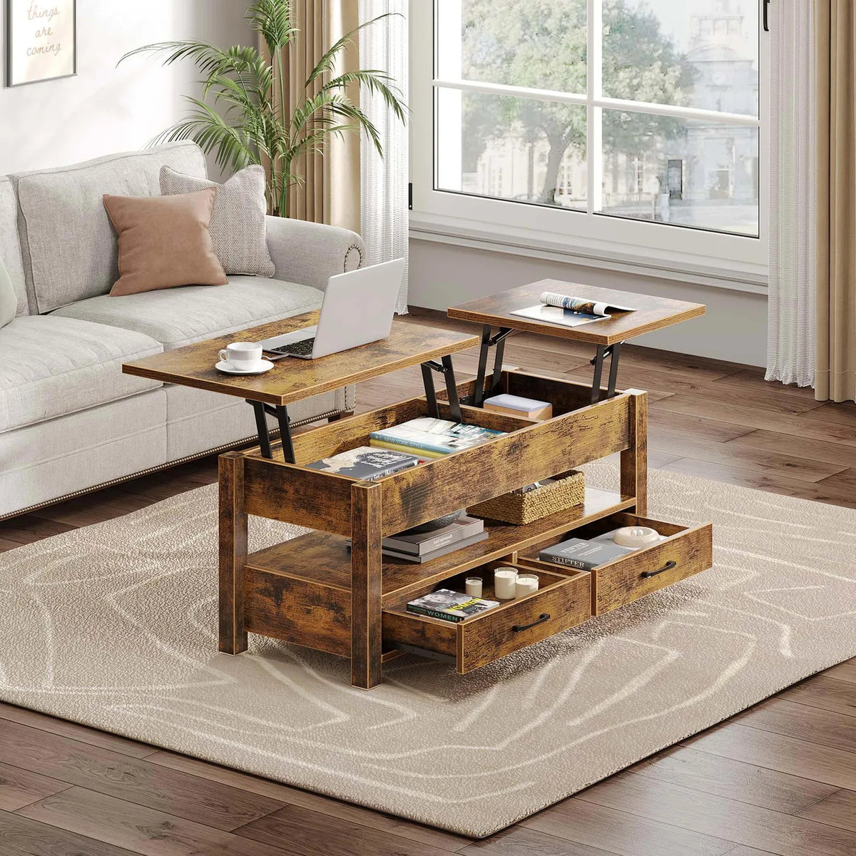 Table basse Rolanstar à hauteur réglable - Marron foncé - 100 x 50 x 48 cm - Avec tiroirs, espace de rangement