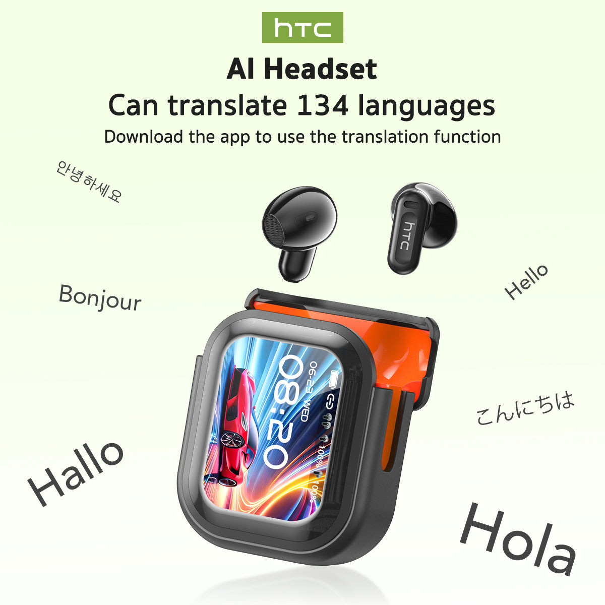 Écouteurs sans fil HTC NE20 avec traduction par IA - Bluetooth 5.4 - Écran LED