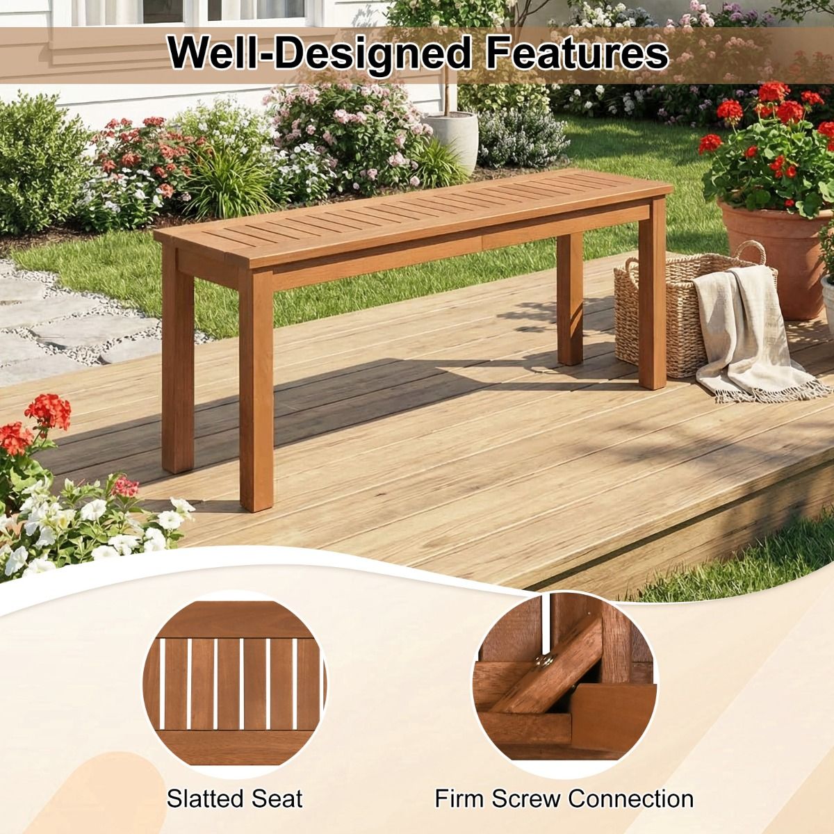 Banc de jardin Coast pour 2 personnes - bois massif - assise à lattes - couleur naturelle - 120 cm