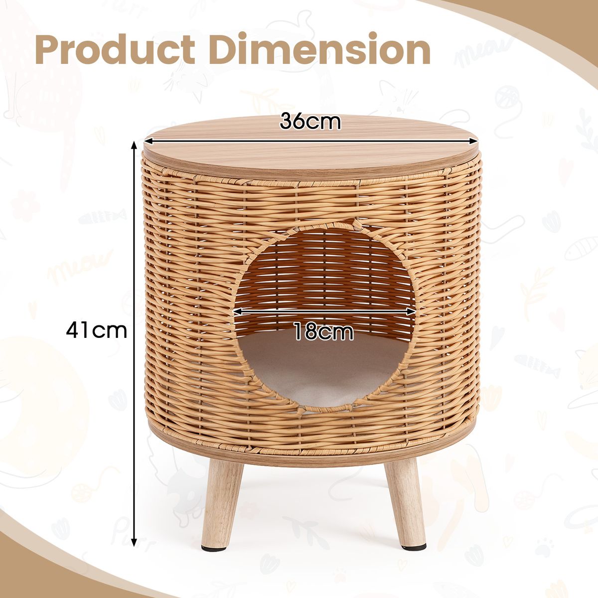 Coast Maison pour chat avec structure en rotin - coussin amovible - sur pieds - couleur naturelle - 36 x 41 cm