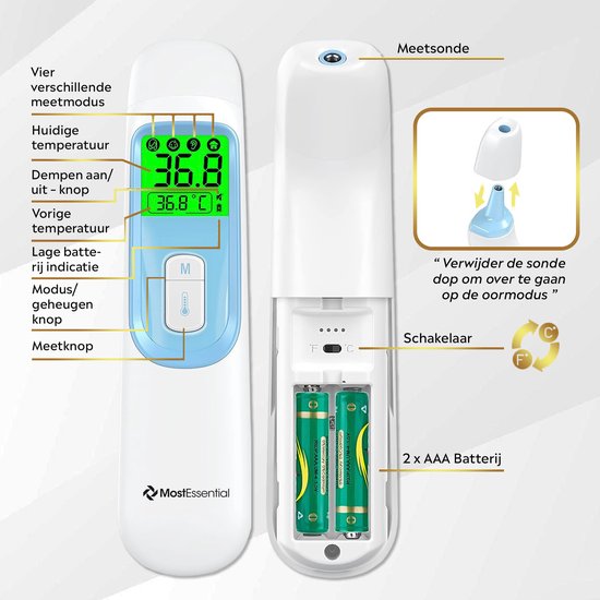 MostEssential Premium Thermomètre de fièvre - Thermomètre auriculaire - Thermomètre infrarouge - Thermomètre frontal - Thermomètre corporel - Thermomètre de fièvre pour adultes, enfants et bébés - Sans contact - 20D