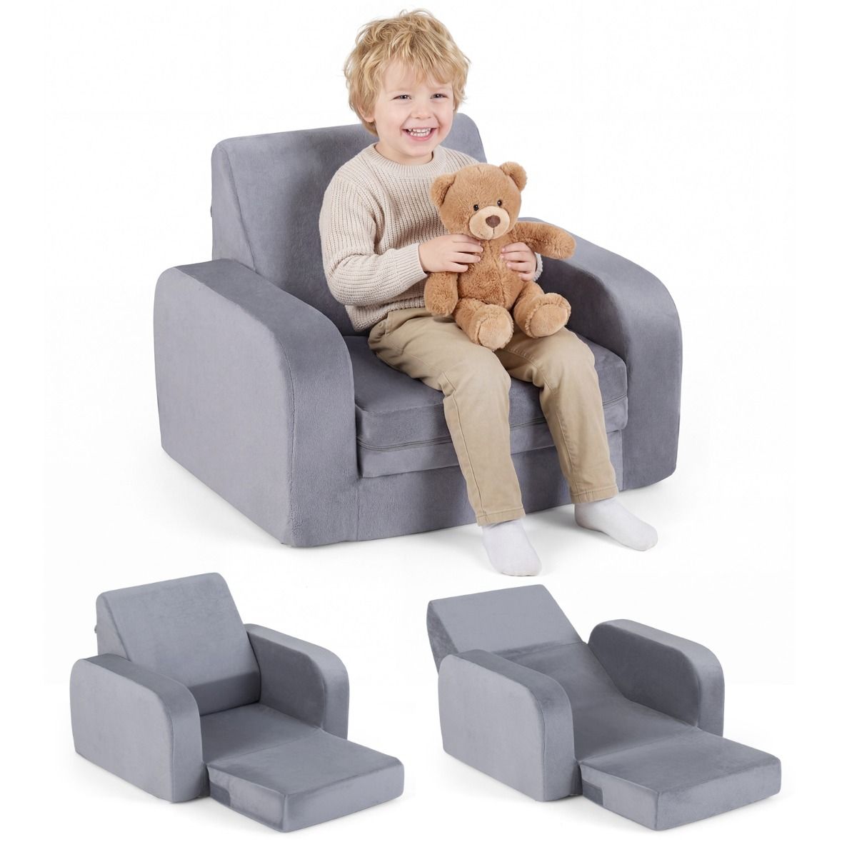 Banquette pliante pour enfants Coast - Banquette 3-en-1 : banquette, fauteuil lounge et lit d'enfant - Velours cristal ultra-doux - Gris
