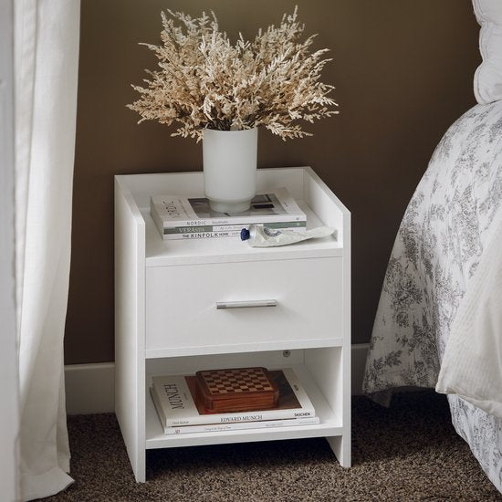 SoBuy FBT66-W Table de chevet blanche - Table d'appoint avec tiroir et 2 étagères - Table basse polyvalente pour chambre, salon et couloir - MDF