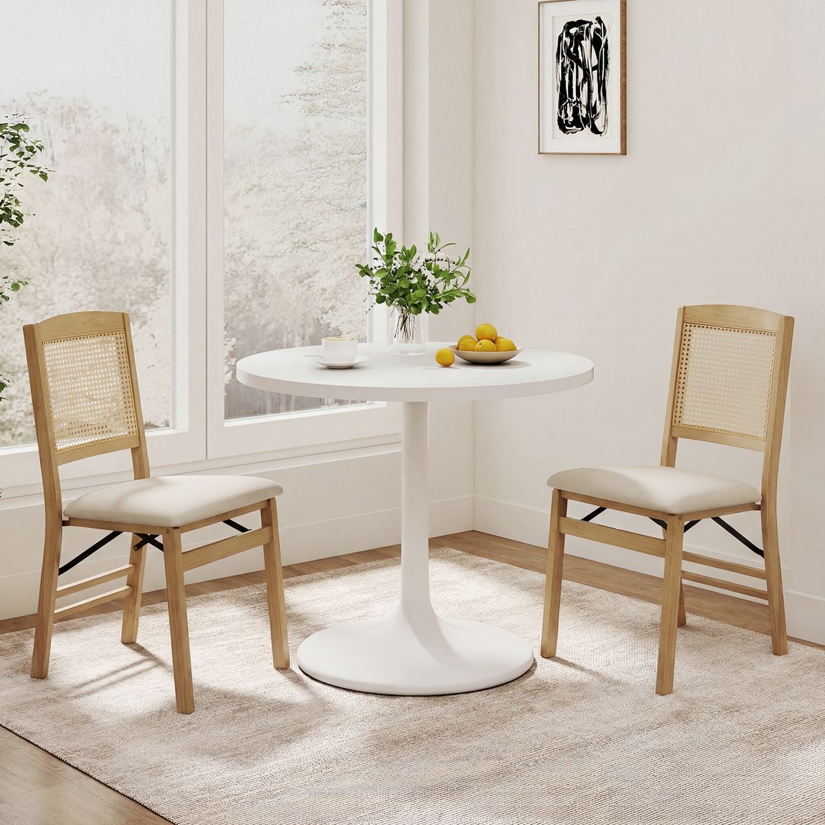 Ensemble de 2 chaises de salle à manger pliantes Coast - Bois et rotin PE - Assise en lin - Couleur naturelle