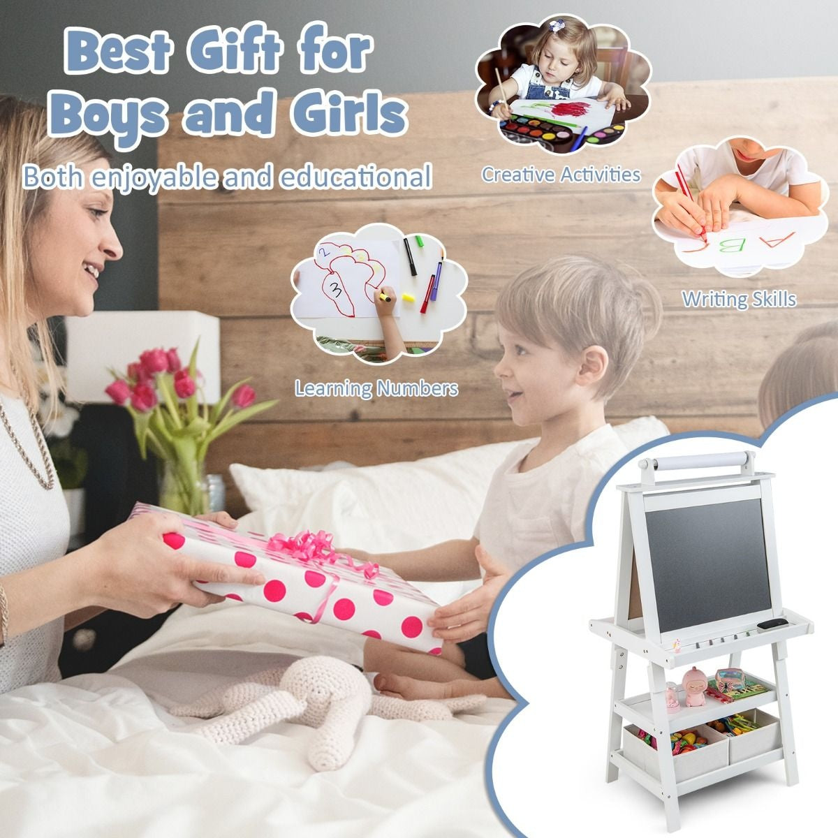 Coast 3 in 1 Children's Easel - Whiteboard & Chalkboard - incl. Magnets 2 Shelves - Beige - 59 x 50 x 117 cm