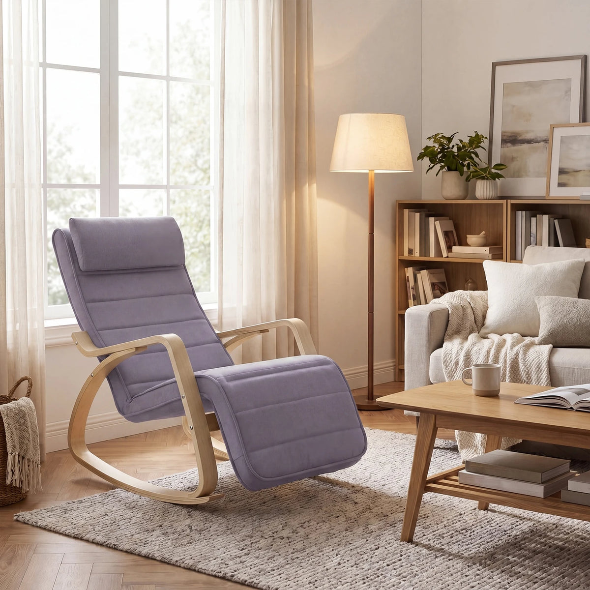 Fauteuil à bascule Ochama avec accoudoirs - Bois de bouleau - Repose-pieds réglable - 121,5 x 65 x 84 cm - Gris clair